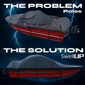 Top: Red boat with sagging, leaf-covered gray cover and support poles. Bottom: Same boat with tight, smooth gray cover using SwellUP.