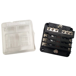 Black 6-way marine-grade fuse block with negative busbar and clear protective cover.