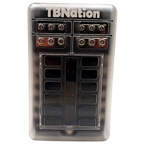 TBNation 12-way marine-grade fuse block with negative busbar, clear protective cover, and silver screws.