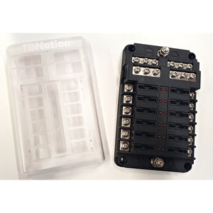TBNation 12-way black marine-grade fuse block with negative busbar, clear protective cover, and red indicators.