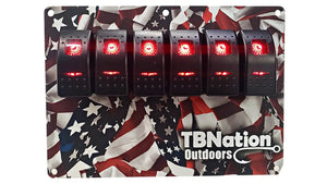 TBNation 6-gang rocker switch panel with a hydro-dipped American flag design and red LED switches.