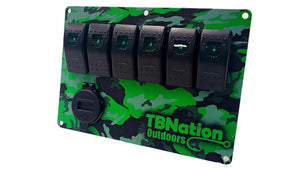 TBNation 6-gang rocker switch panel with green camo hydro-dipped aluminum plate and USB charger.