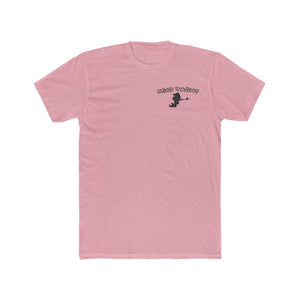 Pink premium fit Mud Yacht t-shirt with a small black graphic of a boat and text on the left chest.