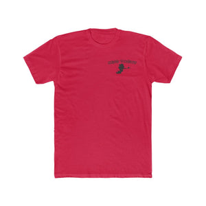 Red Mud Yacht premium fit t-shirt with small black outboard motor graphic on left chest.