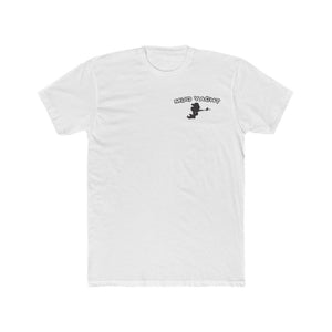 White premium fit cotton Mud Yacht t-shirt with small black boat graphic on the left chest.