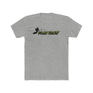 Gray premium fit short sleeve t-shirt with "Mud Yacht" text and boat graphic in camouflage print.