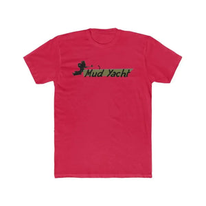 Red premium fitted short sleeve t-shirt with "Mud Yacht" logo in camouflage print.