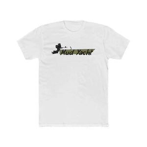 White premium fit short sleeve t-shirt with "Mud Yacht" graphic in camouflage and black.