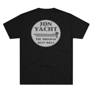 Black tri-blend regular fit tee with "Jon Yacht The Original Bass Boat" graphic.