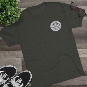 Dark gray tri-blend tee with a white "Jon Yacht The Original Bass Boat" logo on the left chest.