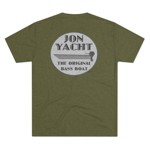 Olive green tri-blend tee with "Jon Yacht The Original Bass Boat" graphic and boat motor design.