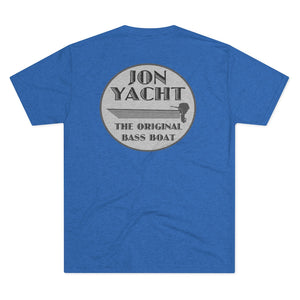 Blue tri-blend regular fit tee with "JON YACHT THE ORIGINAL BASS BOAT" graphic on back.