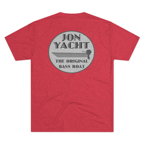 Red tri-blend tee with "Jon Yacht The Original Bass Boat" graphic featuring a boat and outboard motor.
