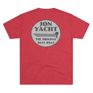 Red tri-blend tee with "Jon Yacht The Original Bass Boat" graphic featuring a boat and outboard motor.