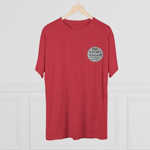Red tri-blend regular fit tee with a gray "Jon Yacht The Original Bass Boat" logo on the left chest.