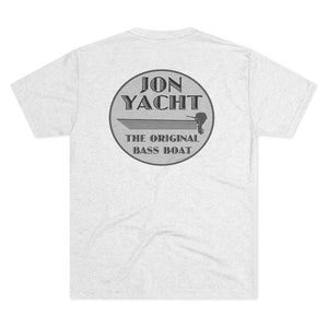 Light gray tri-blend tee with "JON YACHT THE ORIGINAL BASS BOAT" graphic on the back.