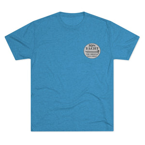 Blue tri-blend regular fit t-shirt with "Jon Yacht The Original Bass Boat" logo on the left chest.