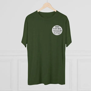 Dark olive green t-shirt with "JON YACHT THE ORIGINAL FLATS SKIFF" logo on the left chest.