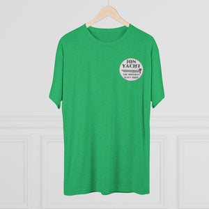 Green heather t-shirt with "JON YACHT THE ORIGINAL FLATS SKIFF" logo on the left chest.