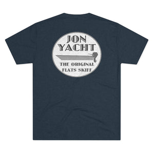 Navy blue soft cotton t-shirt with a gray "JON YACHT THE ORIGINAL FLATS SKIFF" boat graphic.