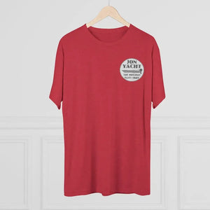 Red heather soft cotton t-shirt with "JON YACHT THE ORIGINAL FLATS SKIFF" logo.