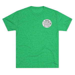 Green soft cotton t-shirt with "BON YACHT THE ORIGINAL FLATS SKIFF" logo.