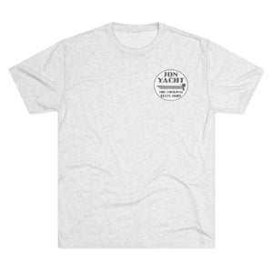 Light grey crew neck t-shirt with a dark grey "JON YACHT THE ORIGINAL FLATS SKIFF" logo on the left chest.
