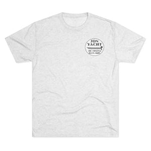 Light grey crew neck t-shirt with a dark grey "JON YACHT THE ORIGINAL FLATS SKIFF" logo on the left chest.