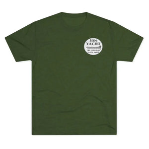 Dark olive green soft cotton t-shirt with "BON YACHT THE ORIGINAL FLATS SKIFF" logo.