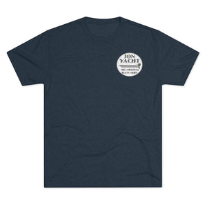 Navy blue soft cotton t-shirt with a white "Iron Yacht The Original Flats Skiff" logo on the chest.