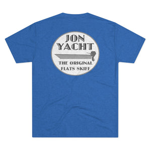 Blue soft cotton t-shirt with "JON YACHT THE ORIGINAL FLATS SKIFF" graphic featuring a skiff boat.