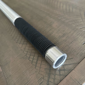 Silver aluminum tiller extension handle with a black ribbed grip and precision welds.
