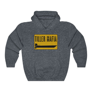 Dark heather gray Tiller Mafia hooded sweatshirt with a yellow and black boat graphic.