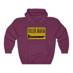 Maroon Tiller Mafia hooded sweatshirt with yellow and black boat graphic.