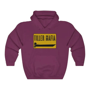 Maroon Tiller Mafia hooded sweatshirt with yellow and black boat graphic.