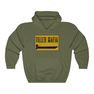 Olive green Tiller Mafia hooded sweatshirt with black and yellow boat graphic.