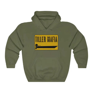 Olive green Tiller Mafia hooded sweatshirt with black and yellow boat graphic.