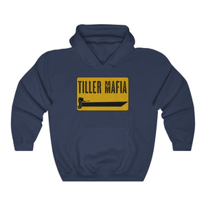 Navy Tiller Mafia hooded sweatshirt with yellow and black boat graphic.