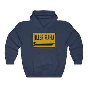 Navy Tiller Mafia hooded sweatshirt with yellow and black boat graphic.