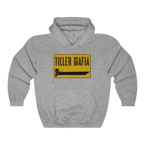 Gray Tiller Mafia hooded sweatshirt with a yellow and black boat graphic on the front.