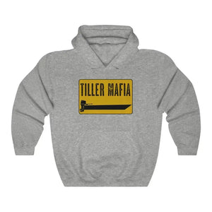 Gray Tiller Mafia hooded sweatshirt with a yellow and black boat graphic on the front.