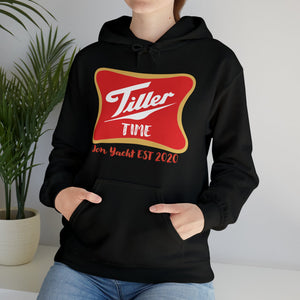 Black Tiller Time Hoodie with red and gold logo, kangaroo pocket, and drawstring hood.