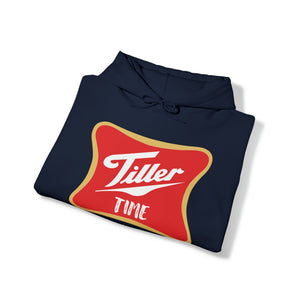 Navy Tiller Time Hoodie with red and gold logo, folded on a white background.
