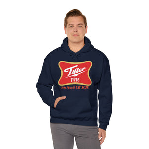 Man wearing a navy Tiller Time hoodie with a red and gold graphic, kangaroo pocket, and drawstring hood.