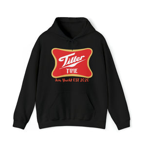 Black Tiller Time Hoodie with red and gold logo, kangaroo pocket, and matching drawstring.
