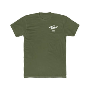 Olive green premium fit combed cotton t-shirt with "Tiller Time" graphic in white script.
