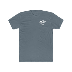 Slate blue combed cotton t-shirt with "Tiller Time" in white script on the left chest.