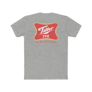 Gray combed ring-spun cotton T-shirt with "Tiller Time" red and gold logo, "Jon Yacht EST 2020" text.