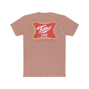 Premium fit peach Tiller Time t-shirt with red and gold logo, "Jon Yachts EST 2020" text.