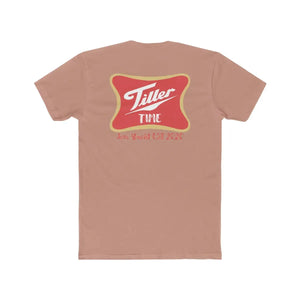 Premium fit peach Tiller Time t-shirt with red and gold logo, "Jon Yachts EST 2020" text.